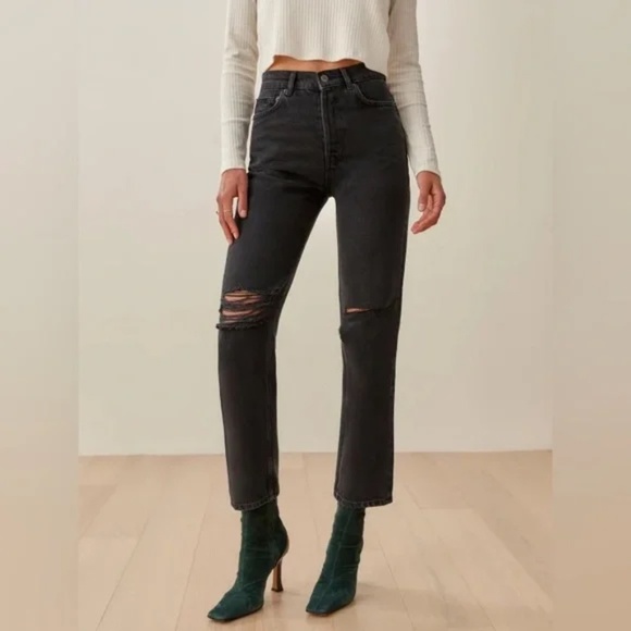 Reformation Cynthia High Rise Straight Jean in Lagoon Destroyed Size 24 - Picture 1 of 13